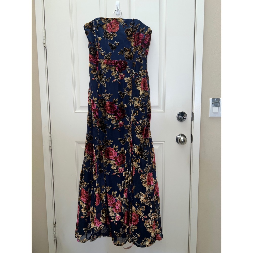 Lulus Anoah Navy Floral Burnout Velvet Strapless Maxi Dress Sz XL